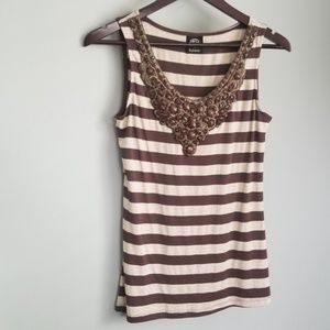 Bobeau Beaded Brown Cream Striped Cotton Tank, S